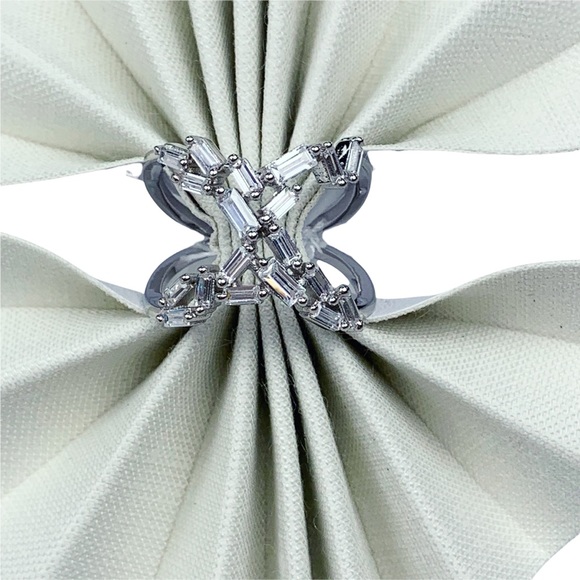 Silver Emerald Diamond Baguette Cubic Zirconia X Shape Ring Size 7 Size 8 - Picture 12 of 17